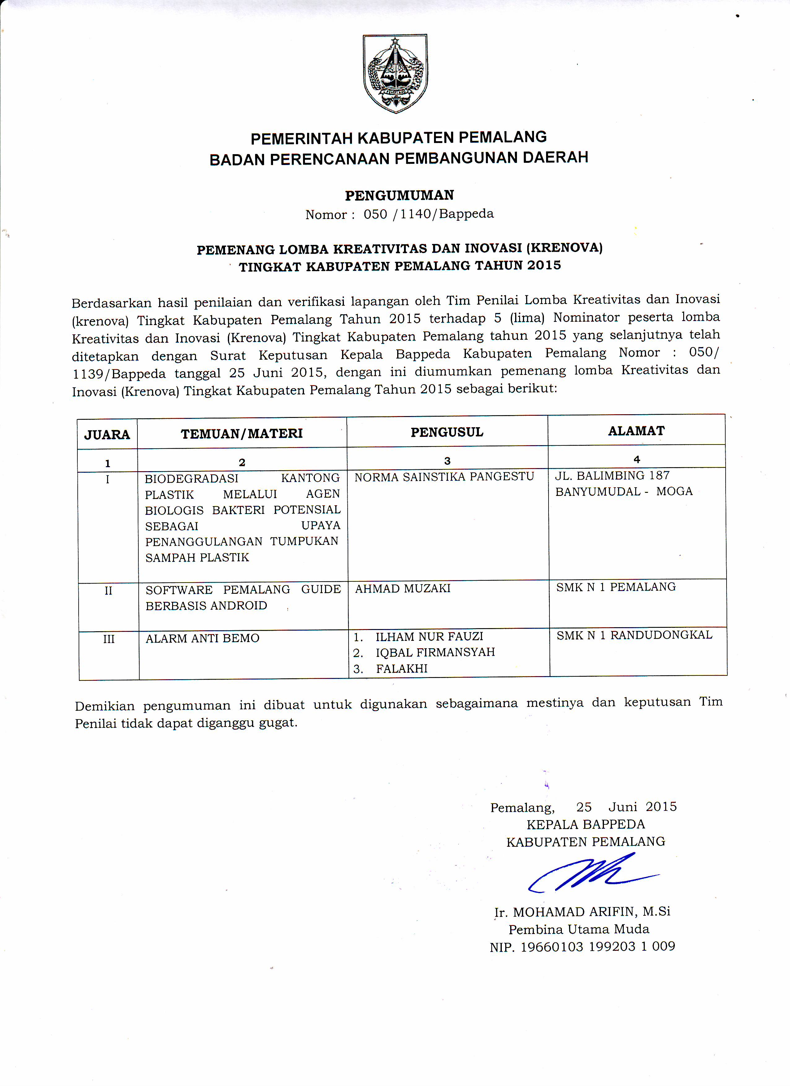 PEMENANG KRENOVA TAHUN 2015